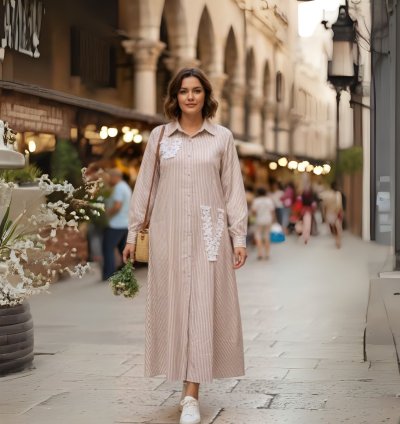 Elegant Striped Long Shirt Dress with Lace Detailing