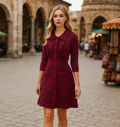 ⭐ Premium Woollen Stripes Winter Dress for Women | Cozy, Stylish & Warm | Sizes Up to 3XL | Coffee Brown, Wine, Black & White