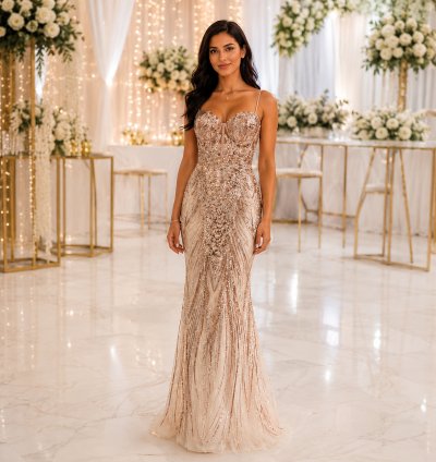 Luxury Champagne Party Gown for Women – Premium Sequin Evening Dress