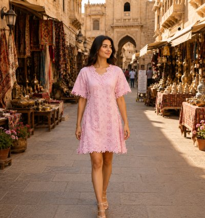 Elegant Floral Lace Cut Cotton Dress for Women